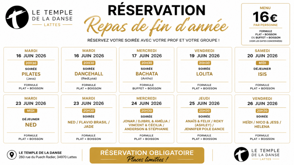 Réservation Repas de fin d'année - Le Temple de la Danse - Menu 16€ par personne